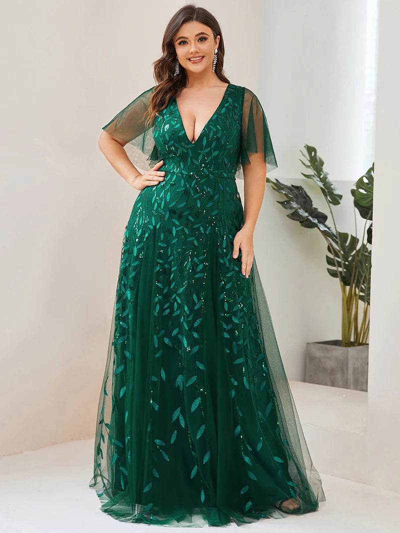 Romantic Shimmery V-Neck Evening Gown with Ruffle Sleeves – Maxi Long Dress - Biamonde
